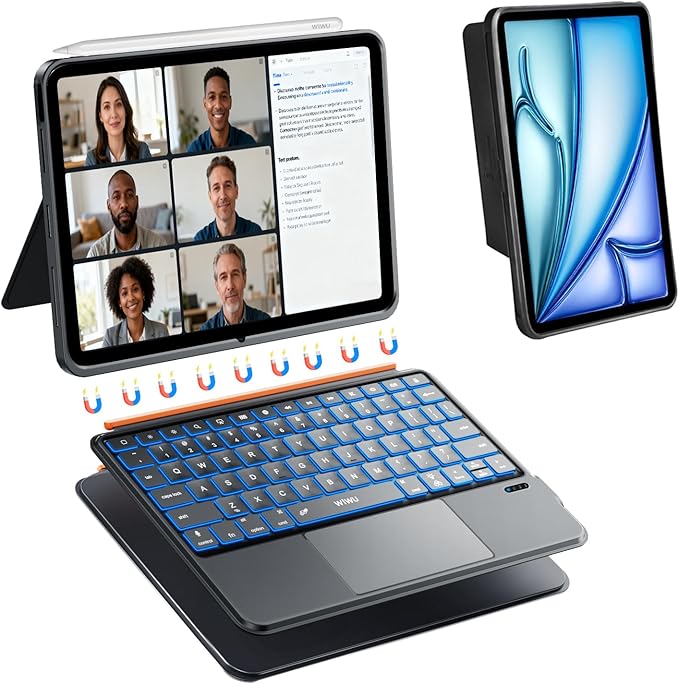 WIWU for iPad Keyboard Case Air 11 Inch M4/M3/M2 11th/10th Gen 3 in 1 Magnetic Detachable Case Keyboard Adjustable Stand Backlit Keys Touchpad (Black, For iPad 11/10/Air 5/4/11"(M2/M3) Pro 11"4/3/2/1)