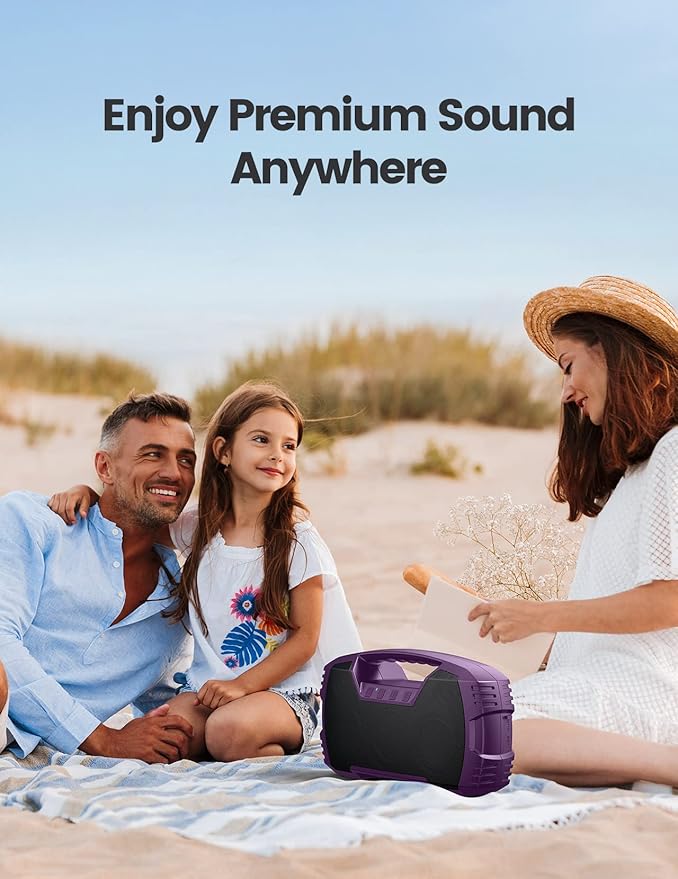 IPX7 Waterproof Outdoor Bluetooth Speaker, Wireless, 90W(Peak), 32H Playtime, Floating Design, Deep Bass & Loud Stereo Sound, Portable with Handle, Rugged for Pool, Beach, Kayaking, Hiking, Purple