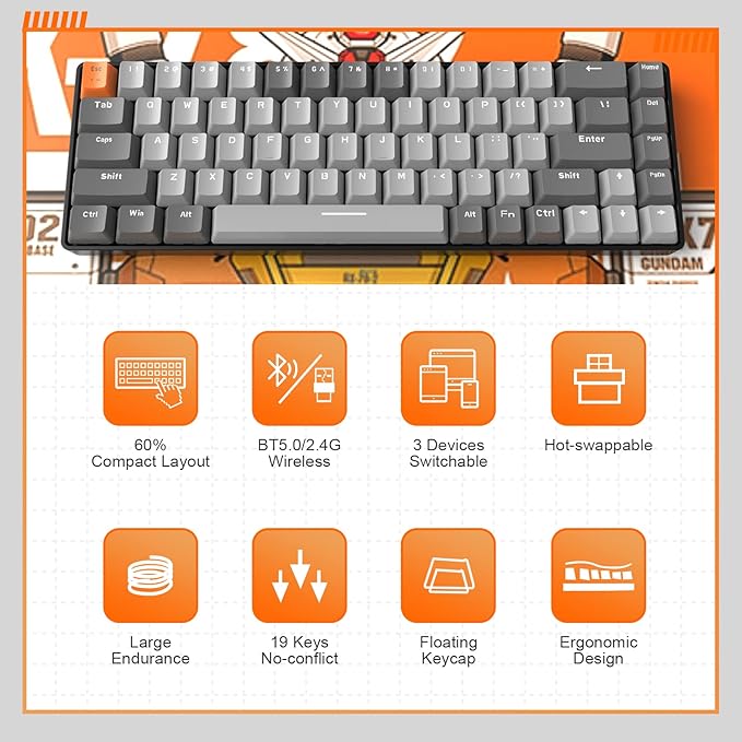 MAGIC-REFINER RK68 60% Wireless Mechanical Keyboard, Bluetooth 5.0/2.4GHz with Dual Mode 2-in-1 Receiver, Ergonomic Compact 68-Key Hot Swappable Gaming Keyboard, Red Switch for Mac Windows PC