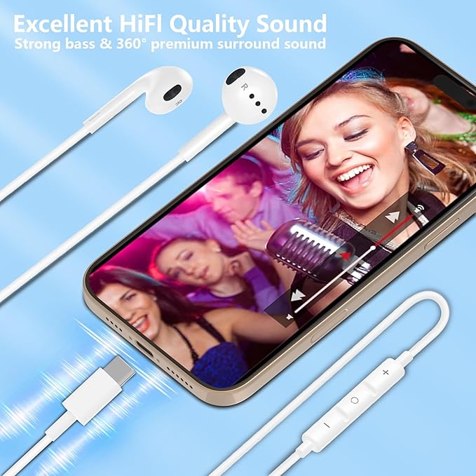 EarPods Headphones with USB-C Connector for Apple iPhone 17 16 15, 2Pack Wired Ear Buds Hi-Fi Earbuds with Built-in Remote to Control Music, Volume and Calling Microphone for iPhone 17 16 15 Pro, iPad