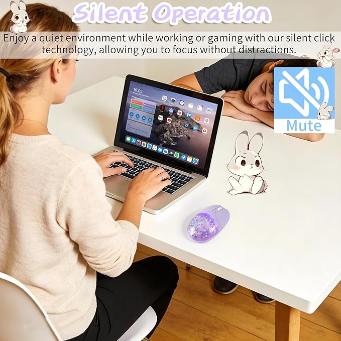 Wireless Bluetooth Mouse -Cute Clear Aqua Design, Glitter Liquid Sand Water Mouse with Optical Precision, Silent Clicks, LED Breathing Light,Transparent Retro Style for Home Office (Purple)