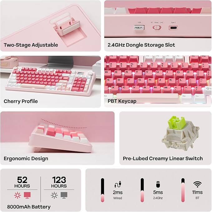 EPOMAKER Aula F99 MAX Wireless Mechanical Keyboard, Smart Screen & Knob, 8000mAh, 2.4Ghz/BT Creamy Keyboard, Pre-Lubed Switch, Hot-Swappable, RGB Backlit, Custom Software (Pink)