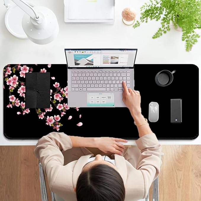 Japanese Cherry Blossom Gaming Desk Mat, Computer Keyboard Large Extended Flowers Mouse Pad for Office and Home, 31.5×11.8 Inches, XL, Black