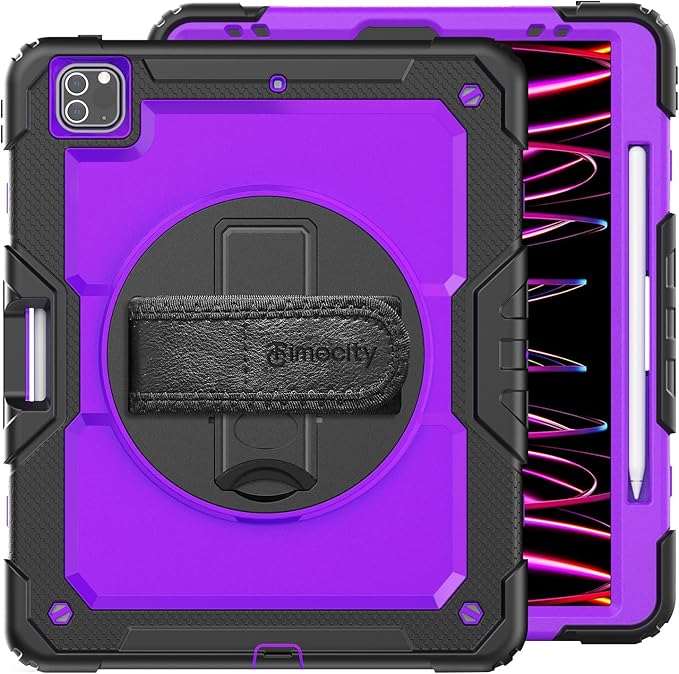 Timecity for iPad Pro 12.9 Case 6th/5th/4th/3rd Gen, 360° Rotating Stand, Pencil Holder & Wireless Charging, Shockproof with Screen Protector & Shoulder Strap - for Designers & Professionals - Purple
