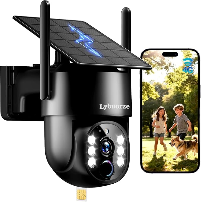 Industrial-Grade Black 4G LTE Solar Security Camera Outdoor, No WiFi Needed, 4MP HD, 360 View, Built-in SIM, AI Motion Detection, 2-Way Talk for Ranch/Jobsite/Construction