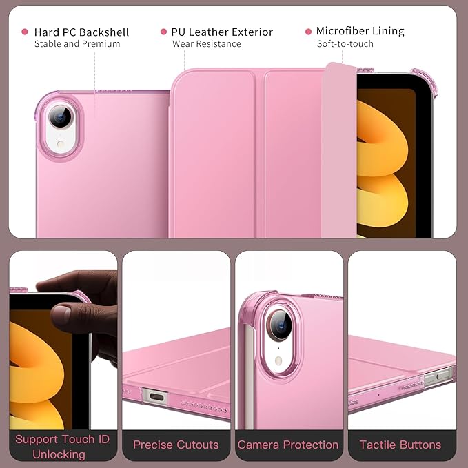 MoKo for iPad mini 7 (A17 Pro) Generation Case 2024, iPad mini 6 Case 2021, 8.3-inch Slim Lightweight Protective Hard Back PC Shell Stand Cover Support Touch ID, Auto Wake/Sleep, Nosegay Pink