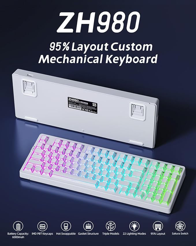 ZORNHER ZH980 Mechanical Keyboard Wireless,95% White Gaming Keyboard with Number Pad,Creamy Keyboard,Cool Five-Sided Lines & Keys Shine Though Keycaps,Creamy Sounding Linear Switches
