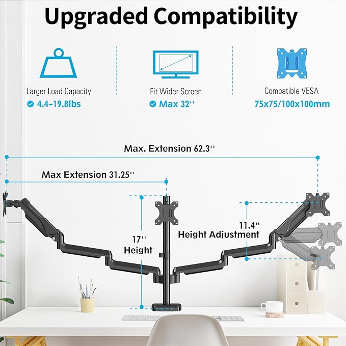 MOUNTUP Triple Monitor Mount for 17-32 inch Screens, Full Motion Triple Monitor Stand, 3 Monitors Desk Mount Holds 4.4-19.8 lbs Each, Clamp & Grommet Mounting, Black