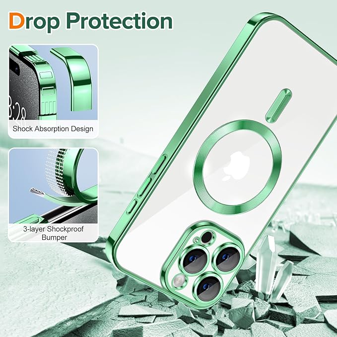 Hython Magnetic Clear for iPhone 15 Pro Max Case with Camera Lens Protector [Compatible with MagSafe] Plating Edge Slim Soft TPU Cover Protective Phone Case for iPhone 15 Pro Max 6.7", Light Green