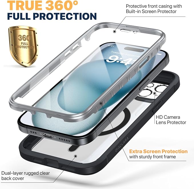 Diaclara Magnetic Designed for iPhone 15 Case, Compatible with MagSafe Built-in Touch Sensitive Anti-Scratch Screen Protector, with Camera Lens Protector for iPhone 15 6.1" (Frosted Black)