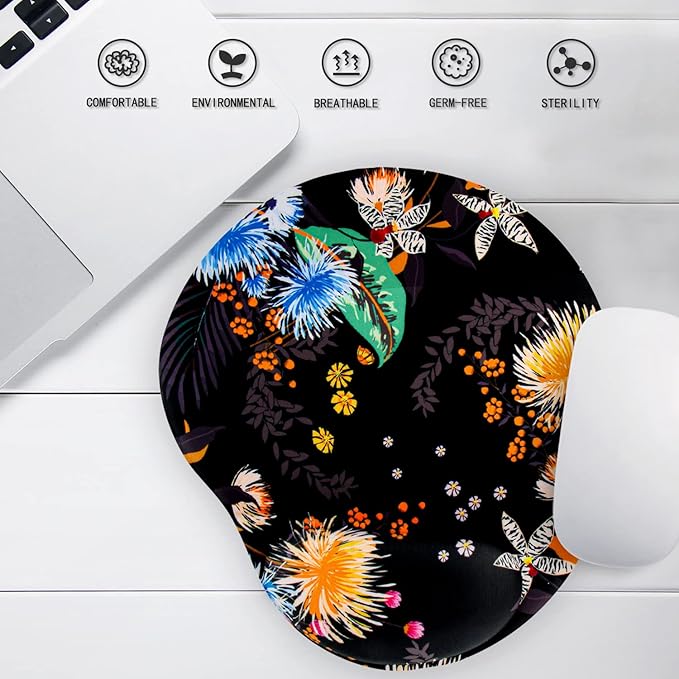 Ergonomic Mouse Pad with Wrist Support,Cute Mouse Pads with Wrist Rest,Comfortable Mouse Pad for Home Office Gaming Working Computers Laptop,Pain Relief with Non-Slip PU Base (Black Floral)