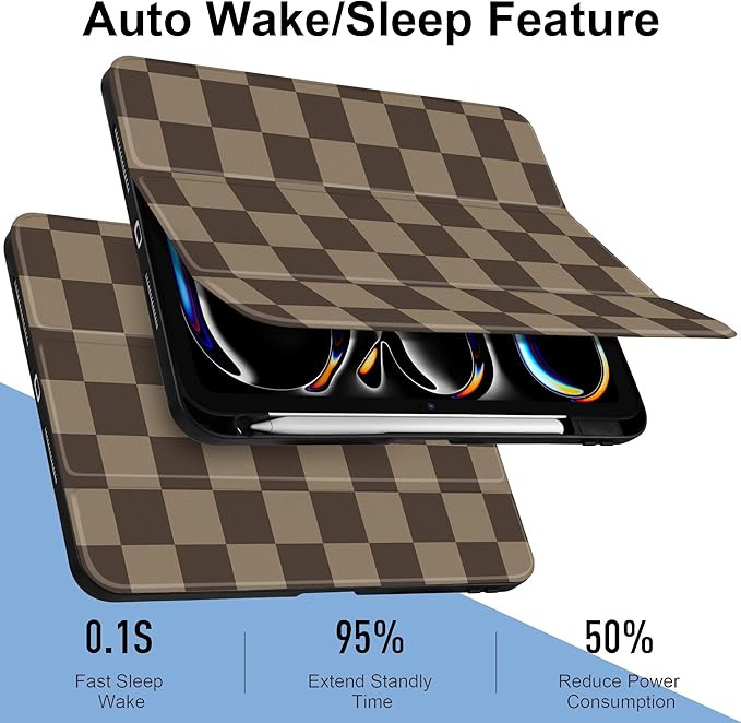 TWOLSKOO Case for iPad Pro 11-inch (M5 2025 / M4 2024), Clear Acrylic Back with TPU Bumper, Pencil Holder, Trifold Stand, Auto Sleep/Wake, Brown Checkerboard