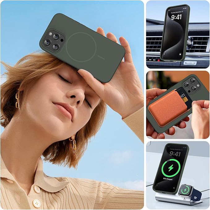 Miracase Magnetic for iPhone 15 Pro Max Case, [Soft Anti-Scratch Microfiber Lining], Compatible with MagSafe, Liquid Silicone Case Shockproof Drop Protection Phone Case for 15 ProMax, Dark Green