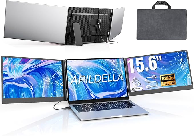 APILDELLA 15.6" Triple Laptop Screen Extender One Cable, 1080P FHD Portable Dual Monitor, Ultra-Slim Travel Monitor Extender for Triple Display on Mac/Windows, Fits 13"-17.3" Laptops