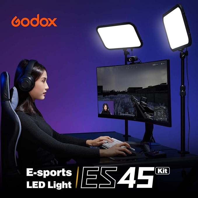 Godox ES45 Key Light,LED Video Light with Extendable Desk Stand,2.4G Wireless Control,0-100% Brightness & 2800-6500K Color Temperature,E-Sports LED Light Kit for Streaming,Zoom Calls, YouTube,Tiktok