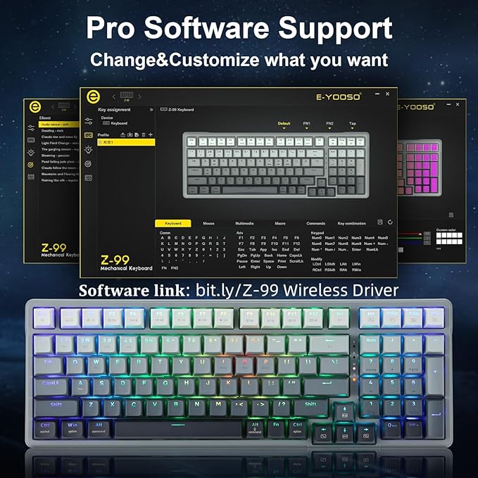 E-YOOSO Wireless Bluetooth Mechanical Keyboard, 99 Keys Wired Gaming Keyboard RGB Backlit, Hot Swappable Pre-lubed Linear Switches, Gasket Soundproof Foam, Office Work Keyboard, Gradient Gray