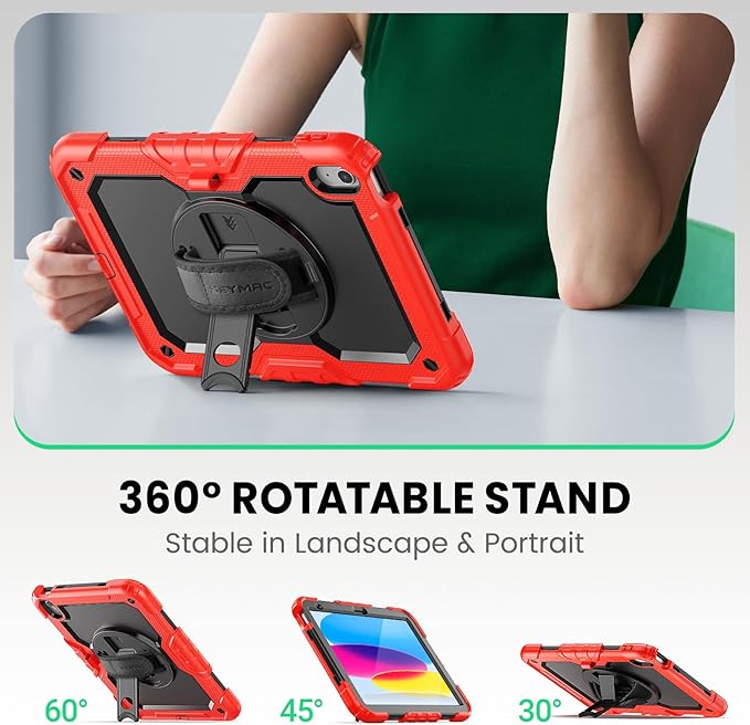 SEYMAC Case for iPad (A16) 11th/10th Generation 2025/2022 (11″/10.9″), Sturdy Heavy Duty Full-Body Shockproof Protective Case with Screen Protector, Rotating Stand, Hand/Shoulder Strap, Black/Red