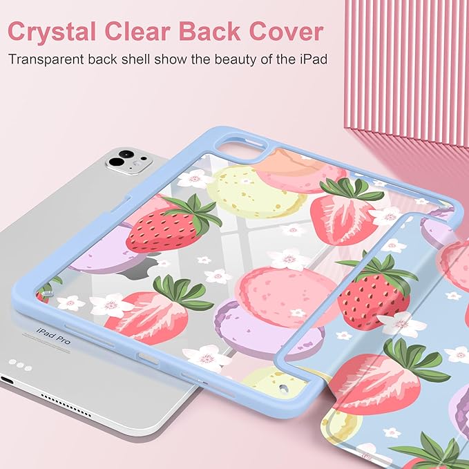 Case for iPad Pro 13 Inch (M5 2025 M4 2024) – [Built-in Pencil Holder], Shockproof & Stylish, Clear Hard Back + Soft TPU Edge, Magnetic Trifold Stand, Auto Wake/Sleep, Strawberry