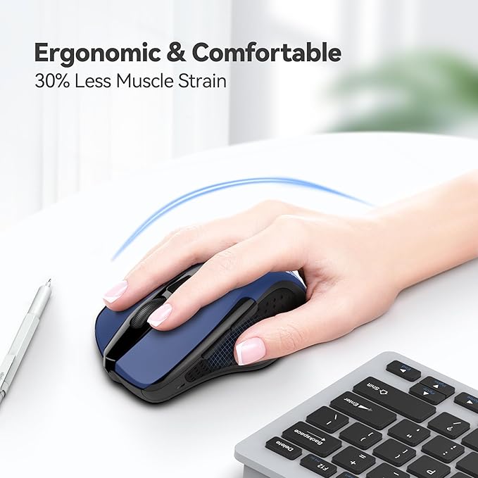 TECKNET Wireless Mouse, 2.4G Ergonomic Optical Mouse, Computer Mouse for Laptop, PC, Computer, Chromebook, Notebook, 6 Buttons, 24 Months Battery Life, 2600 DPI, 5 Adjustment Levels - Blue