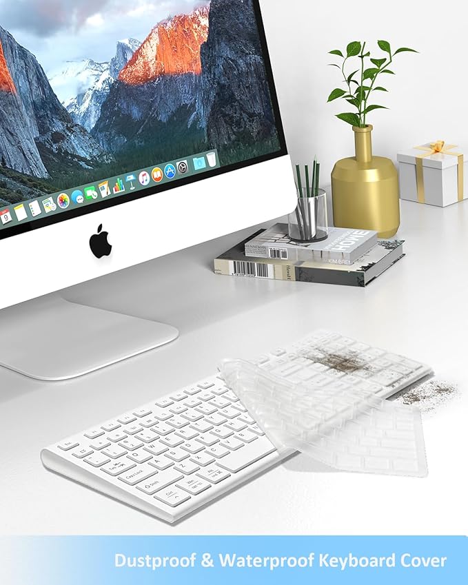 FENIFOX Wireless Keyboard, Bluetooth & 2.4G USB & USB-C Rechargeable Silent Ultra Quiet Low Profile Compact Full Size with Number Pad Soft Multi Device for Mac MacBook Windows PC - White