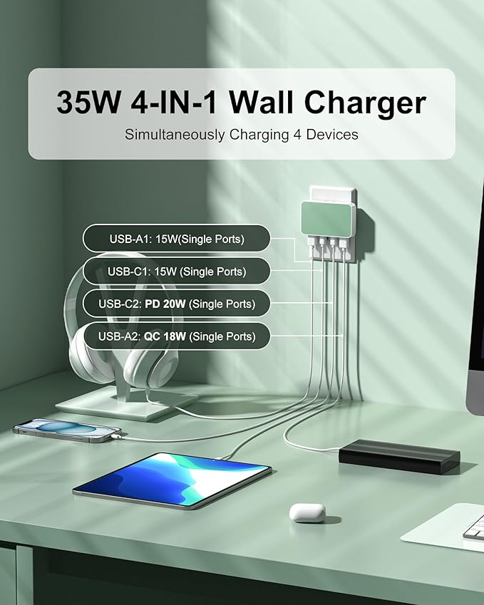 Flat USB Wall Charger 4 Ports Slim 35W USB-C/A Flodable Plug Fast Charging Block for iPhone 8/9/10/11/12/13/14/15 Multiport Power Charging Adapter for ipad and Galaxy Series S8-10 Green