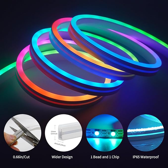 Neon Rope Light, 6.56FT RGB LED Strip Light APP Control, Button Control, 5V Musci Sync Color Changing Rope Light, IP65 Waterproof LED Light for Bedroom Living, Party, Christmas Decoration