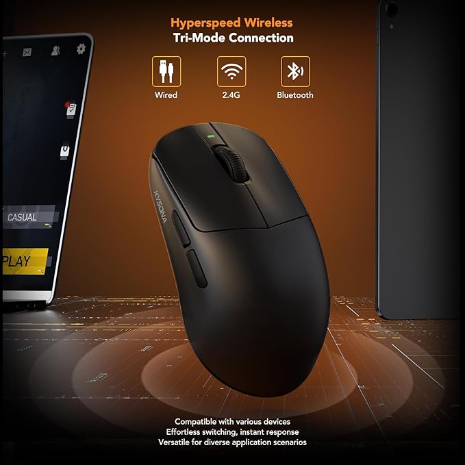 KYSONA Mercury Wireless Gaming Mouse，41g Ultalight, PAW3395 Sensor, 8K Polling Rate,26000 DPI,5 Programmable Buttons Optical Mice for PC/MAC/Laptop,Black