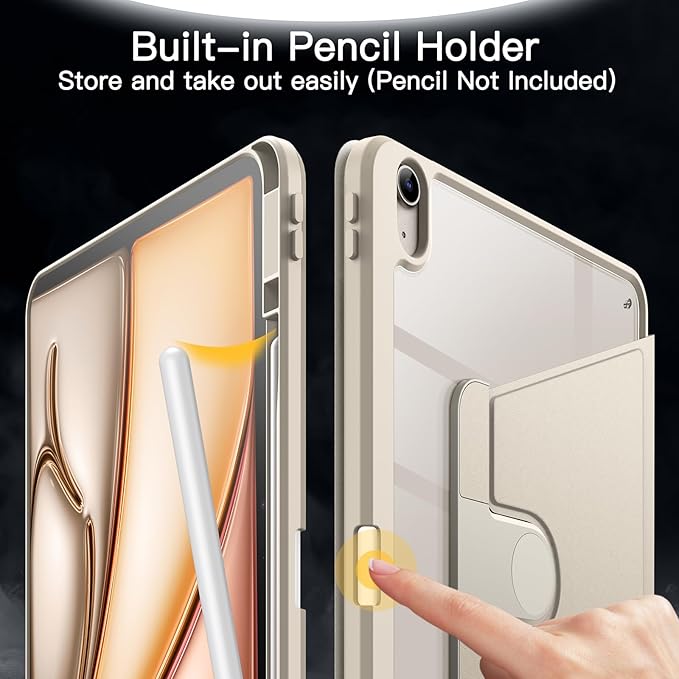 JETech Rotating Case for iPad Air 13-Inch M4/M3/M2 (2026/2025/2024) with Pencil Holder, 360 Degree Rotation Protective Stand Cover Clear Back, Auto Wake/Sleep (Starlight)