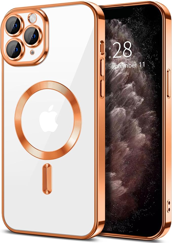 Hython Magnetic Clear for iPhone 11 Pro Case with Camera Lens Protector [Compatible with MagSafe] Luxury Plating Edge Slim Soft TPU Cover Protective Phone Case for iPhone 11 Pro 5.8", Orange