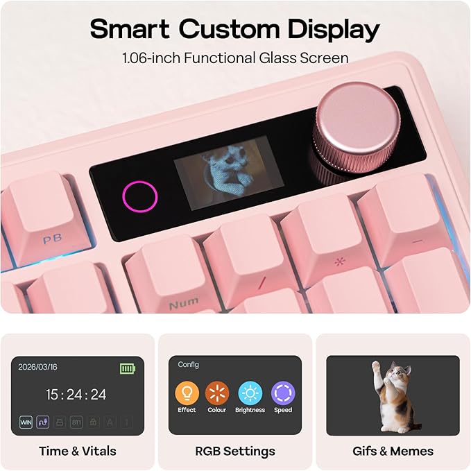 EPOMAKER TH108 V2 PRO Full Size Mechanical Keyboard with Screen&Knob, 10000mAh, BT/2.4Ghz, Mac Modifier PBT Keycap, Hot Swap, RGB, Gasket, Wireless Gaming Keyboard for Mac/PC (Pink, Sea Salt Silent)