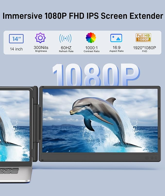 Laptop Screen Extender, 14" FHD 1080P IPS Portable Monitor for 13" - 17" Laptops, Plug & Play Screen Extender, Auto Adjust Width Dual Monitor, Compatible with Mac/Wins/Dex/Chrome