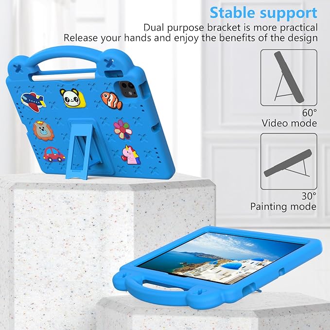 for iPad Air 11 inch Kids Case M3/M2 (2025/2024) & iPad Pro 11 Inch M4 Case 2024 with Pencil Holder/Handle/Kickstand Cute DIY Soft EVA Shockproof Stand Lightweight Tablet Cover,Sky Blue Bear