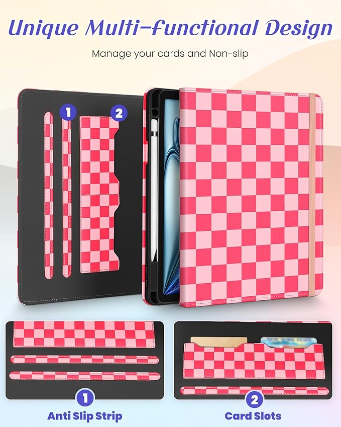 Kidcube for iPad Air 11 Inch Case M3/M2, Air 5th/4th Generation Cases 10.9'', Pro 11'' 2020 - Women Girls Aesthetic Cute Rotating Stand Folio Cover with Pencil Holder & Card Slot Girly Pretty