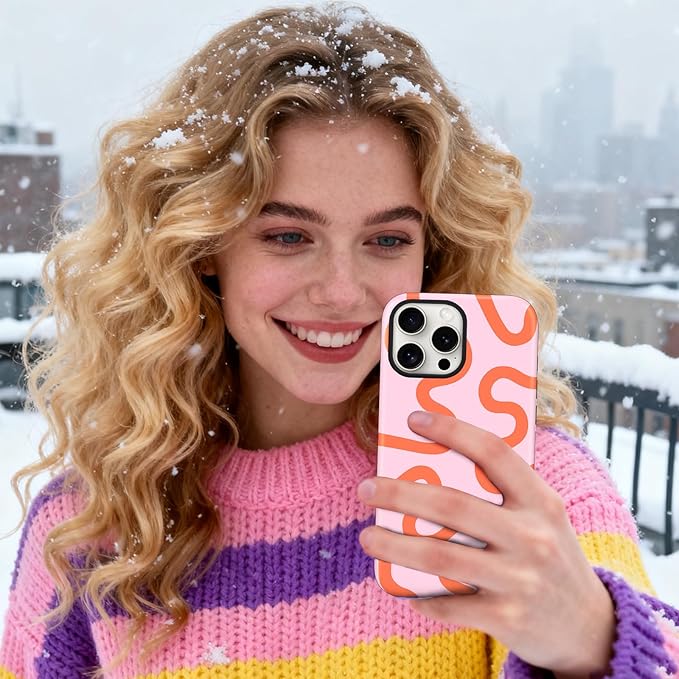 Magnetic for iPhone 15 Case Cute Curved Stripes Phone Case, Shockproof Slim TPU and Hard PC Protective Phone Cover Compatible with MagSafe Designed for Women Girls,Pink