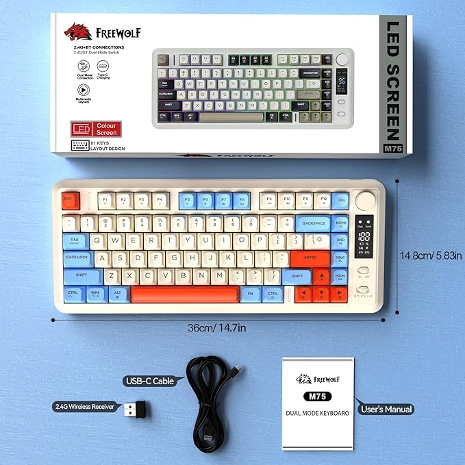 ZIYOU LANG M75 Wireless Gaming Keyboard, RGB Backlit Rechargeable 2000mAh Battery, Small Membrane But Mechanical Feel Keyboard with Smart Display & Knob, PBT Gradient keycaps for PC, MAC - Blueberry