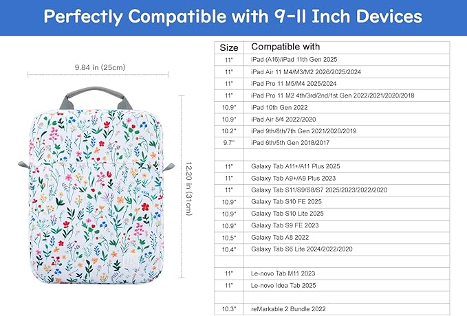 Dadanism 9-11 Inch Tablet Sleeve Bag Carrying Case with Shoulder Strap for iPad (A16) 11", iPad 10th Gen 10.9", iPad Air M4/Pro M5 11", iPad 9/8/7th 10.2", Galaxy Tab A11+ Plus 11",Blooming Bouquet