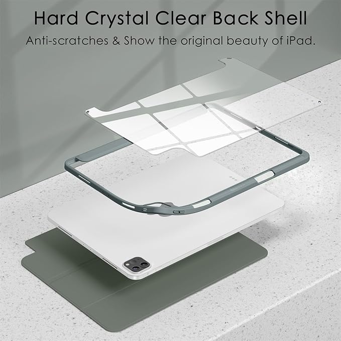 Soke Case for iPad Pro 12.9 Inch (6th/5th/4th/3rd Generation, 2022/2021/2020/2018) - Pencil Holder + Auto Sleep/Wake + Camera Protection, Transparent Shockproof Back Cover, Gray