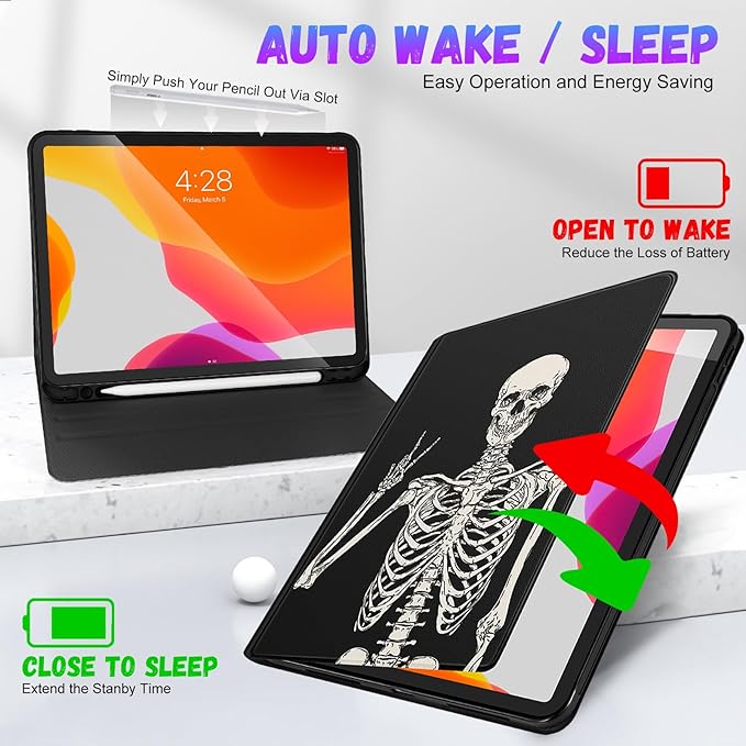 Uppuppy for iPad Air 11 inch (M2/M3) Case, Air 5th/4th Generation 10.9, Pro 11'' Case Cute Kids Women Girls Folio Skeleton Pencil Holder Cover for iPad Air 11 2024/2025, 10.9 2022 2020, Pro 11