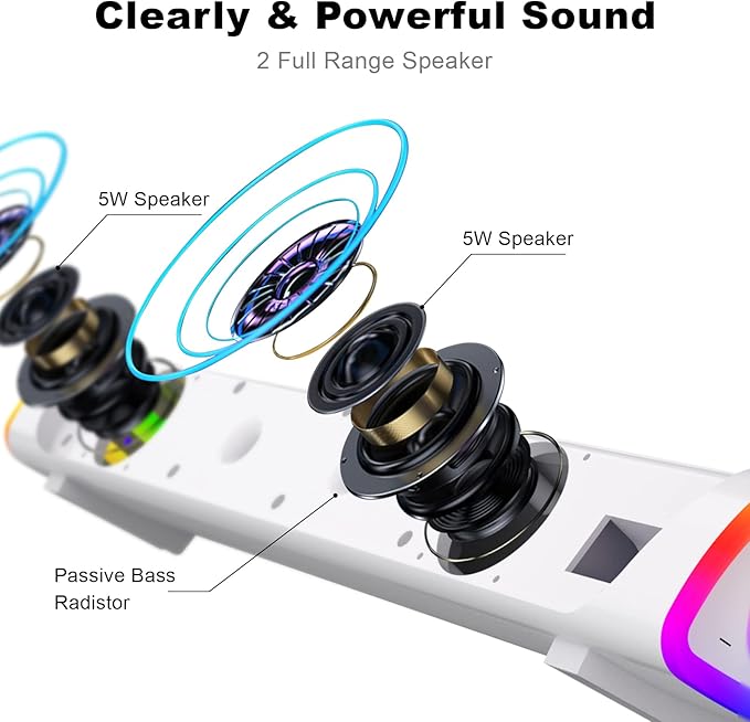 SOULION R30 Plus Bluetooth Computer Speakers, All-in-One Control Button with 6 Modes LED Lights PC Speaker, Wired USB Powered Surround Soundbar for Desktop Monitor Laptop White