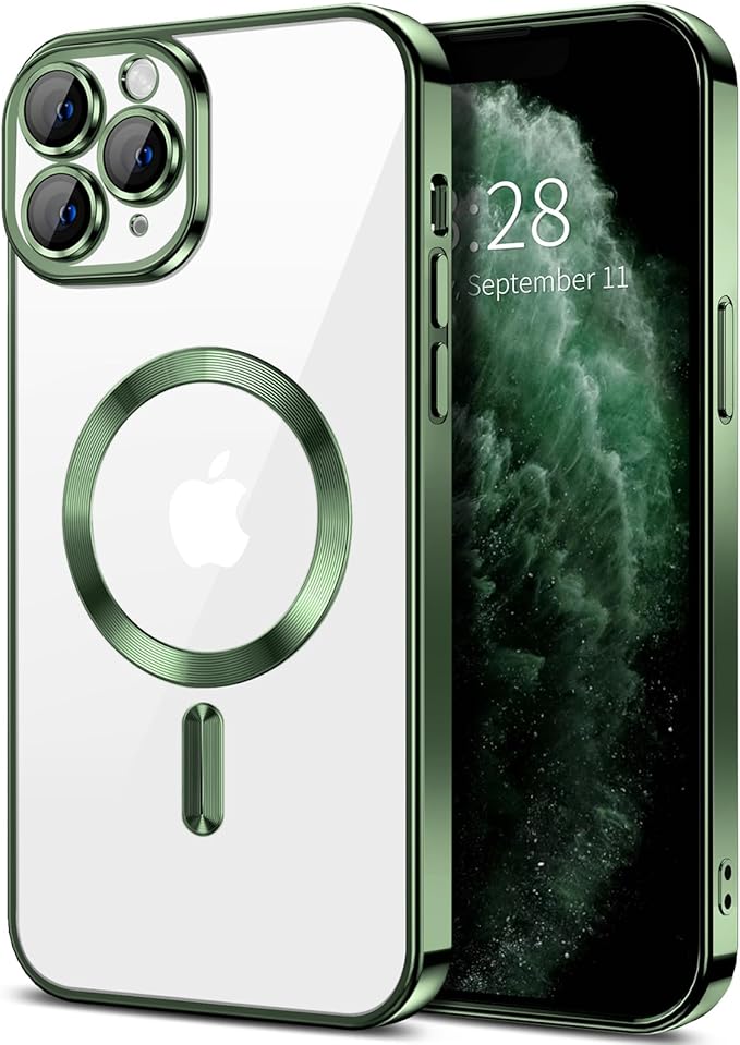 Hython Magnetic Clear for iPhone 11 Pro Max Case with Camera Lens Protector [Compatible with MagSafe] Plating Edge Slim Soft TPU Cover Protective Phone Case for iPhone 11 Pro Max 6.5", Deep Green