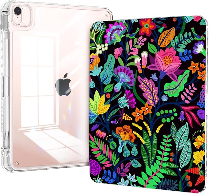 for ipad air 11 inch M2/M3 Case 2024/2025, ipad air 5th/4th Generation Case 10.9, ipad Pro 11 Cover 4th/3th/2th/1st, Trifold Stand with Pencil Holder, Slim Clear Cover, Leaf Floral