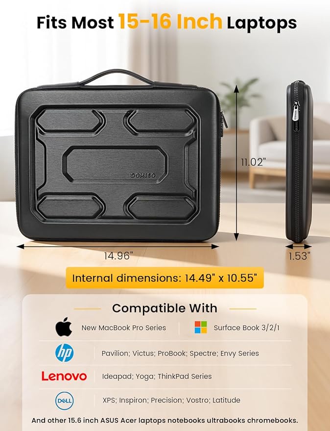 DOMISO Laptop Hard Case 15-16 inch Waterproof Shockproof Hard Shell Laptop Sleeve with Handle & Storage Pocket, Compatible with MacBook, HP, Dell, Black