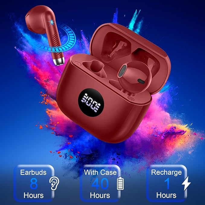 Jxrev Wireless Earbuds, Bluetooth Headphones LED Power Display Ear Buds Bass Stereo, Bluetooth Earbuds in-Ear Noise Cancelling Mic, Playback Mini Case IP7 Waterproof Sports Earphones for Android iOS