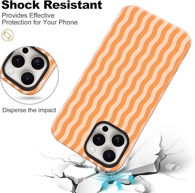 Magnetic for iPhone 16 Pro Case Cute Wavy Stripes Phone Case, Shockproof Slim TPU and Hard PC Protective Phone Cover Compatible with MagSafe Designed for Women Girls, Orange