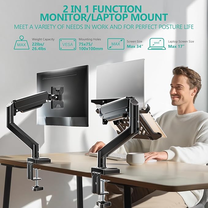 WALI Laptop Desk Mount, Single Monitor Arm with Laptop Holder, Adjustable Height Laptop Arm Mount for Desk, Fits 17” Notebook and 34” Monitors, Up to 22-26.4Lbs (GSMP001LPN), Black