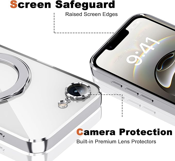Compatible with iPhone 17E/16E Case with Invisible Magnetic Ring Stand [Compatible with Mag-Safe] [Full Camera Lens Protector] Plating Clear Phone Case for iPhone 17E/16E 6.1", Silver
