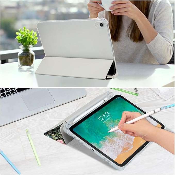 for iPad (A16) 11Th/10Th Generation Case 2025/2022,for iPad Case 11Th/10Th Generation,10Th/11Th Gen Slim Cover Pencil Holder & 2 Viewing Angles & Typing Stand, Colourful Flowers on Black