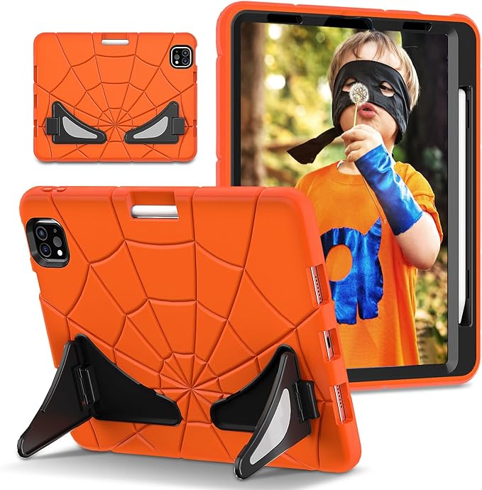 AKABEILA Compatible with Apple iPad Pro 11 inch(2018)/Apple Air 4 10.9(2020)/Air 5 10.9(2022)/Air 6 M2 (2024)/Air 7 M3 (2025) Tablet Case，Cover with Kickstand for KidsBoys Babies Orange Black