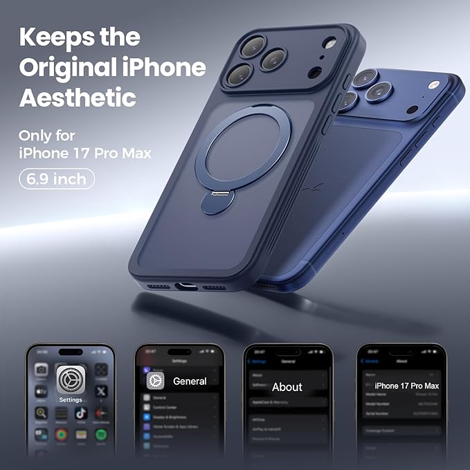 for iPhone 17 Pro Max Case [ 360° Spin Magnetic Stand] [Full Camera Protection] Compatible with Magsafe, 15FT Military-Grade Protection, Translucent Anti-Slip Phone Case 6.9'', Deep Blue