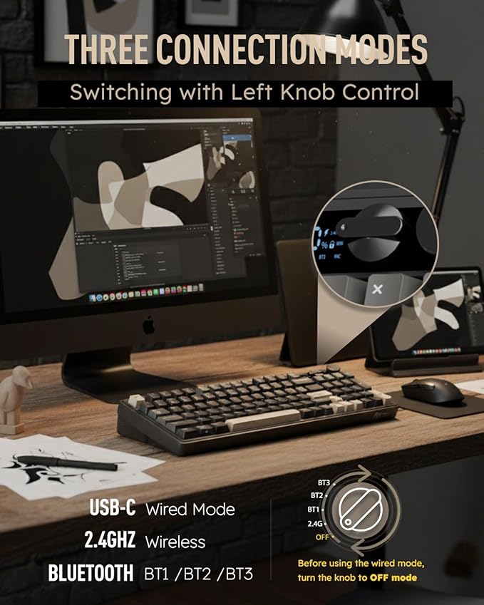 RK ROYAL KLUDGE M100 Mechanical Keyboard w/Screen & Dual Knobs, 96% Tri-Mode Gasket Mount Wireless Gaming Keyboard with Number Pad, Hot Swappable Cream Switch, Black
